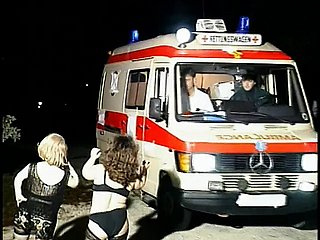 Roasting midget sluts swell up guy's gadgetry upon an ambulance